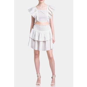 NEW HT 360 Collective Smocked Waist Ruffle Tiered Cotton Mini Skirt White